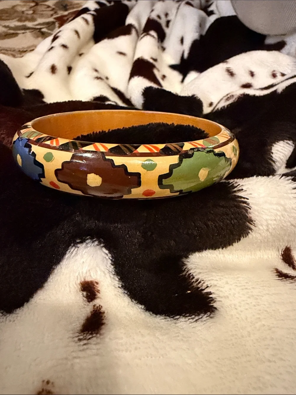 Hand-Painted Southwestern Wooden Bangle Bracelet - Yellow, Blue, Green